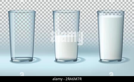 Bicchiere di latte. Mezza tazza, vuota e piena, bevanda acquosa trasparente, bevanda bovina, bottiglia, bevanda lattiero-casearia del mattino prodotto pastorizzato, yogurt liquido bianco o Illustrazione Vettoriale
