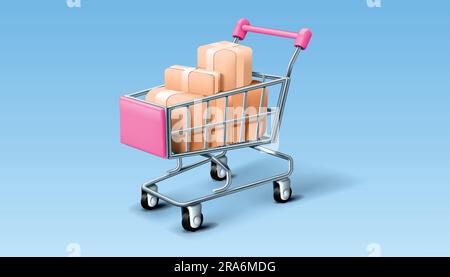 Carrello 3D. Carrello della spesa. E-commerce online. Cestino di rendering completo per mercato o supermercato. Acquisto di acquisti. Presentazione della vendita e consegna delle scatole degli ordini Illustrazione Vettoriale