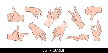 Gesti delle mani. Posizione dita umane. Premere o puntare. Due pollici del corpo gestanti. Schizzo della linea delle braccia. Pugno e palmo. Toccare o segnalare. Okay e vittoria. GE Illustrazione Vettoriale
