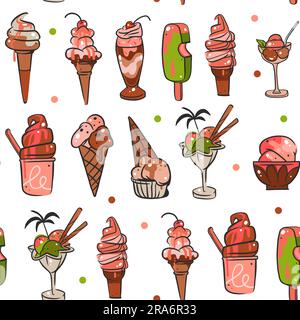 Cono per gelato grafico astratto a forma vettoriale disegnato a mano, illustrazioni artistiche della linea sundae motivo senza cuciture. Concetto di disegno per illustrazione vettoriale per dessert gelato Illustrazione Vettoriale