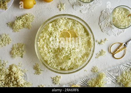 Fiori di sambuco freschi macerati in una ciotola d'acqua - preparazione di sciroppo di erbe Foto Stock