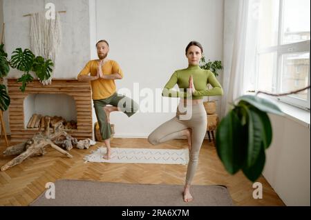 Coppia in piedi in yoga vrikshasana posa albero, ripresa tagliata con messa a fuoco selettiva Foto Stock