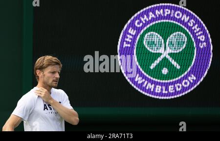 Londra, Regno Unito. 1 luglio 2023. Il belga David Goffin reagisce durante una sessione di allenamento in vista del torneo Grand slam di Wimbledon 2023 presso l'All England Tennis Club, nel sud-ovest di Londra, in Gran Bretagna, sabato 01 luglio 2023. BELGA PHOTO BENOIT DOPPAGNE Credit: Belga News Agency/Alamy Live News Foto Stock