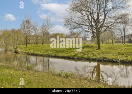 un piccolo fiume nel mezzo di un'area erbosa con alberi ed erba su entrambi i lati, circondato da cielo blu Foto Stock