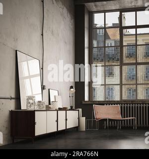 Rendering 3d del vecchio salotto con pareti e pavimento in cemento. Armadietto bianco e scuro vicino a una grande finestra e a una poltrona in pelle marrone. Luce naturale soffusa. Foto Stock