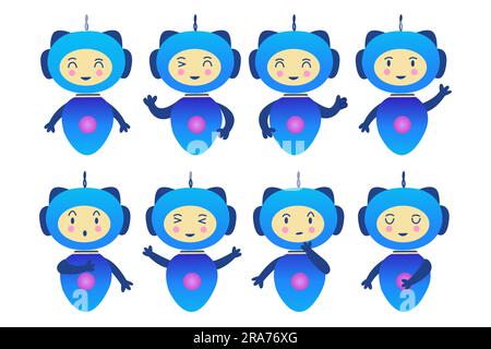 Set di piccoli robot con diverse emozioni, chat bot o intelligenza artificiale. Umanoide nel cyberspazio, assistente app. Malato isolato vettore colorato Illustrazione Vettoriale