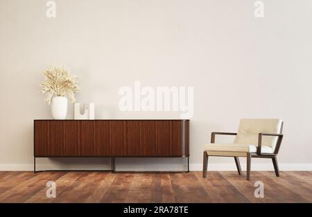armadio con credenza in legno in 3d in un soggiorno con pareti bianche e pavimento in legno. Poltrona in pelle leggera Foto Stock