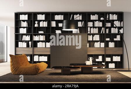 Rappresentazione 3d del soggiorno con grandi ripiani per libri e poltrona arancione. Pareti bianche e pavimento in legno con moquette marrone e piantana Foto Stock