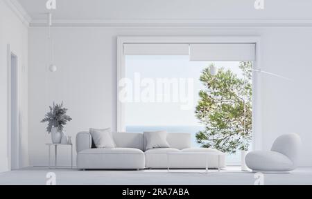Rappresentazione 3d della Livingroom con pareti bianche e pavimento in legno. Divano schematico bianco e poltrona con piantana. Grande finestra con vista sul mar mediterraneo vi Foto Stock