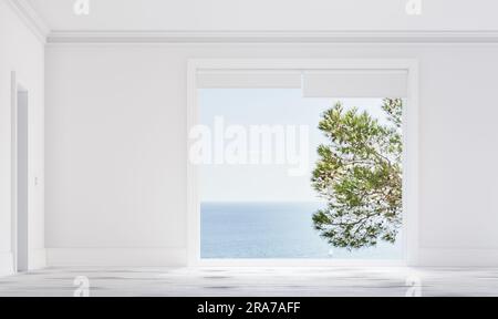 Rappresentazione 3d dello spazio vuoto con pareti bianche e pavimento in legno. Grande finestra con vista del mare mediterraneo. Luce soffusa naturale. Foto Stock