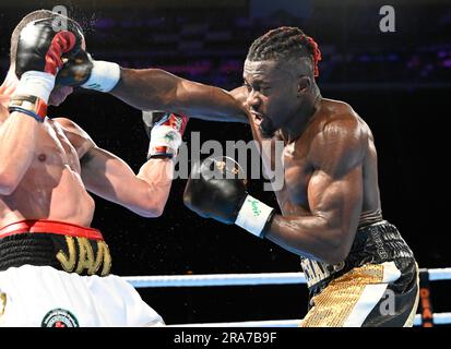 Wuppertal, Germania. 1 luglio 2023. Pugilato: L'italiano Etinosa Oliv (l) combatte il cileno Julio Alamos per il Campionato del mondo dei pesi medi IBO a uni Halle. Crediti: Roberto Pfeil/dpa/Alamy Live News Foto Stock