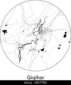 Mappa della città Qiqihar Cina Asia illustrazione vettoriale bianco e nero Illustrazione Vettoriale