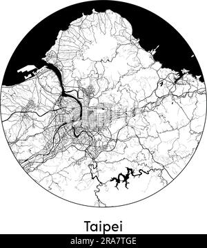 Mappa della città Taipei Cina Asia illustrazione vettoriale bianco e nero Illustrazione Vettoriale