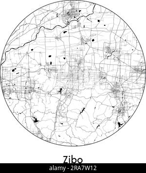 Mappa della città Zibo Cina Asia illustrazione vettoriale bianco e nero Illustrazione Vettoriale