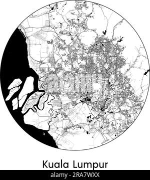 Mappa della città Kuala Lumpur Malesia Asia illustrazione vettoriale bianco e nero Illustrazione Vettoriale