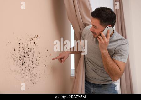 Servizio di rimozione dello stampo. Uomo che parla al telefono e guarda il muro interessato nella stanza Foto Stock