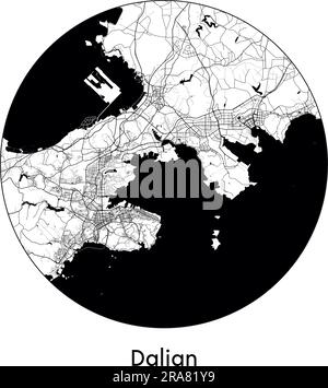 Mappa della città Dalian China Asia illustrazione vettoriale nero/bianco Illustrazione Vettoriale