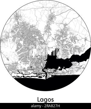 Mappa della città Lagos Nigeria Africa illustrazione vettoriale bianco e nero Illustrazione Vettoriale