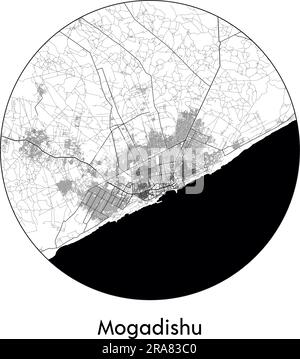 Mappa della città Mogadiscio Somalia Africa illustrazione vettoriale bianco e nero Illustrazione Vettoriale