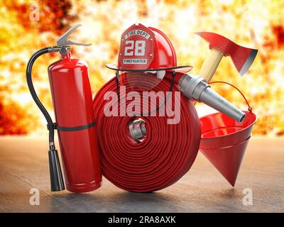 Attrezzature e strumenti per vigili del fuoco sullo sfondo. Manichetta antincendio, cappello antincendio, estintore e ascia, simboli della professione dei pompieri. illustrazione 3d. Foto Stock