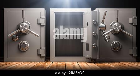 Tre cassette di sicurezza con una porta aperta. Scegliere la banca giusta per i vostri risparmi. illustrazione 3d. Foto Stock