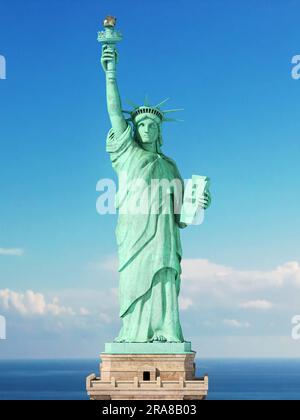 Statua della libertà su sfondo celeste. New York e simbolo USA. illustrazione 3d. Foto Stock