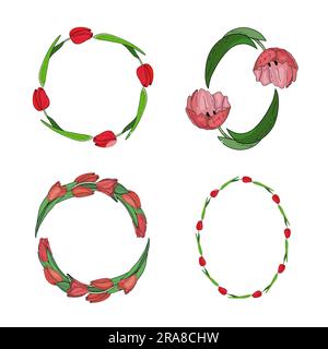 Set vettoriale disegnato a mano di cornici floreali con tulipani di fiori rossi. Elegante modello con logo. Illustrazione Vettoriale