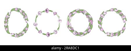 Set vettoriale disegnato a mano di cornici floreali con tulipani di fiori rosa. Elegante modello con logo. Illustrazione Vettoriale