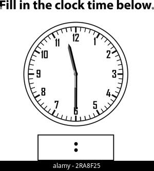 Orologio analogico. Qual è l'ora, scrivere l'orologio di apprendimento e il foglio di lavoro matematico. Istruzioni sull'esercitazione del tempo per i bambini fogli di lavoro. Apprendimento dell'orologio analogico. Illustrazione Vettoriale