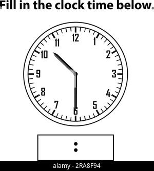 Orologio analogico. Qual è l'ora, scrivere l'orologio di apprendimento e il foglio di lavoro matematico. Istruzioni sull'esercitazione del tempo per i bambini fogli di lavoro. Apprendimento dell'orologio analogico. Illustrazione Vettoriale