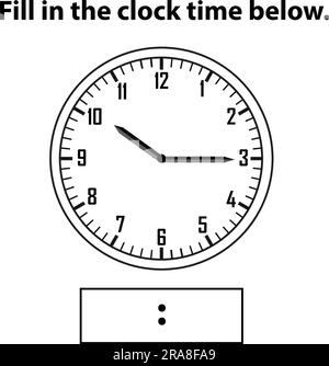 Orologio analogico. Qual è l'ora, scrivere l'orologio di apprendimento e il foglio di lavoro matematico. Istruzioni sull'esercitazione del tempo per i bambini fogli di lavoro. Apprendimento dell'orologio analogico. Illustrazione Vettoriale