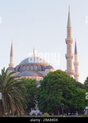 Esterno della Moschea Blu Sultan Ahmed, in una serata estiva, quartiere Sultanahmet, Istanbul, Turchia Foto Stock