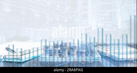 Concetto di business degli investimenti bancari e finanziari. Immagine a doppia esposizione di denaro bancario o a moneta e grafico con sfondo cittadino. Gestione account diag Foto Stock