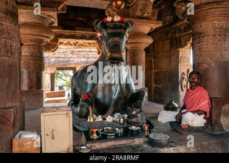 Nandhi toro enorme con prete nel tempio Virupaksha a Pattadakal, Karnataka, India, Asia. Sito patrimonio dell'umanità dell'UNESCO. vii e viii secolo Foto Stock