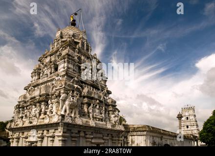 Torre Gopuram nel Tempio Jain di Adinath nel villaggio di Vidur vicino a Tindivanam, Tamil Nadu, India meridionale, India, Asia Foto Stock