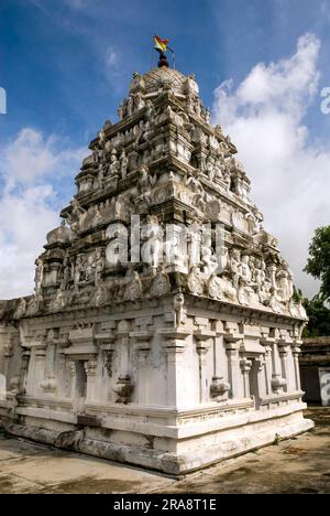 Torre Gopuram nel Tempio Jain di Adinath nel villaggio di Vidur vicino a Tindivanam, Tamil Nadu, India meridionale, India, Asia Foto Stock