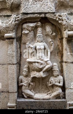 Saggezza della dea Saraswati e statua di apprendimento nel tempio di Sundaravarada Perumal Vishnu a Uthiramerur vicino a Kancheepuram, Tamil Nadu, India meridionale Foto Stock