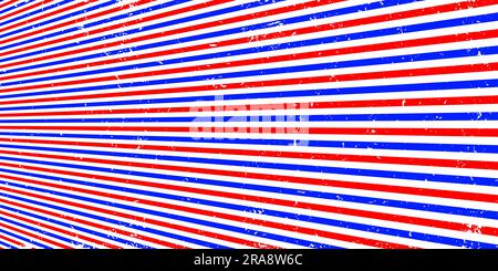 Grunge barbiere con sfondo prospettico a un punto con strisce blu e rosse su bianco. Sfondo vettoriale a righe. Barbiere sullo sfondo per un taglio di capelli da uomo Illustrazione Vettoriale