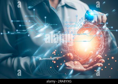 Donna che tiene la lampada con la mano connessione Internet globale. Business Global Internet Connection Application Technology e digital marketing, Financial Foto Stock