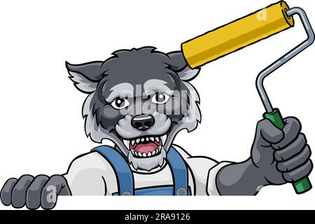 Wolf Painter Decorator Paint Roller Mascot Man Illustrazione Vettoriale