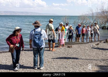 Tabgha, Israele - 28 dicembre 2017: Persone a piedi o seduti sulla costa del lago vicino alla Chiesa del primato di San Pietro. Foto Stock