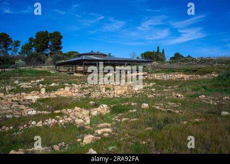 Vista panoramica sull'antica città greca di Morgantina, famose rovine della Sicilia Foto Stock