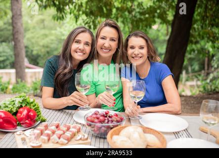 Ritratto di tre donne mature che si divertono con il Barbeque Party , bevendo vino e sorridendo Foto Stock