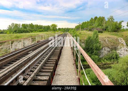 Vecchio ponte ferroviario sul fiume in campagna. Foto Stock