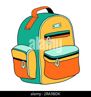 Cartone animato zaino scuola in stile retrò. Borsa di cancelleria per il ritorno a scuola audace e luminosa. Forniture classiche per l'istruzione dei bambini o per il lavoro d'ufficio. Divertente Illustrazione Vettoriale