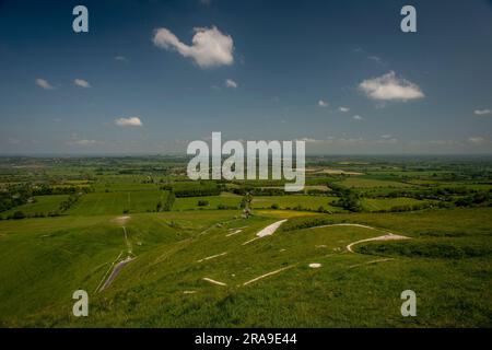 Il gesso tagliato figura dell'età del bronzo del Cavallo bianco di Uffington nell'Oxfordshire, Regno Unito Foto Stock