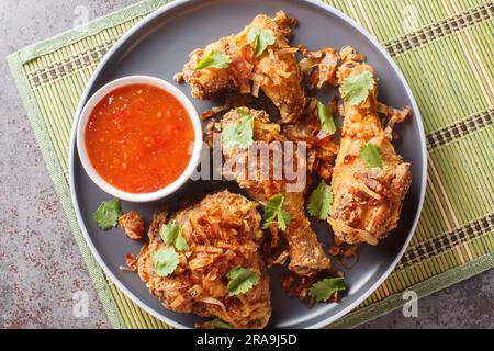 Pollo fritto Thailand Hat Yai con salsa dolce al peperoncino e cipolle croccanti da vicino su un piatto sul tavolo. Vista superiore orizzontale dall'alto Foto Stock