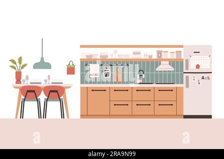 Cucina con mobili. Intimo interno della cucina con tavolo, piano cottura, armadio, piatti e frigorifero. Vettore di stile piatto. Illustrazione Vettoriale