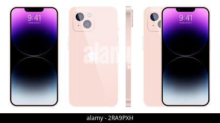 Apple iPhone 14. Smartphone. Disponibile in colore rosa. Nuovo iPhone 14 pro max iphone con schermo mock-up e iphone sul retro. Di Apple Inc Editoriale Illustrazione Vettoriale