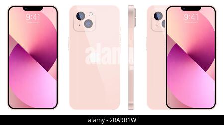 Apple iPhone 14. Smartphone. Disponibile in colore rosa. Nuovo iPhone 14 pro max iphone con schermo mock-up e iphone sul retro. Di Apple Inc Editoriale Illustrazione Vettoriale